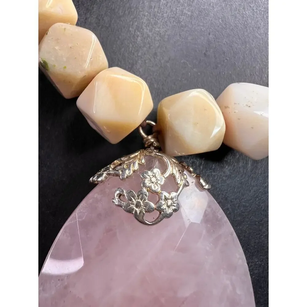 NEW pink opal and rose quartz Sterling silver necklace